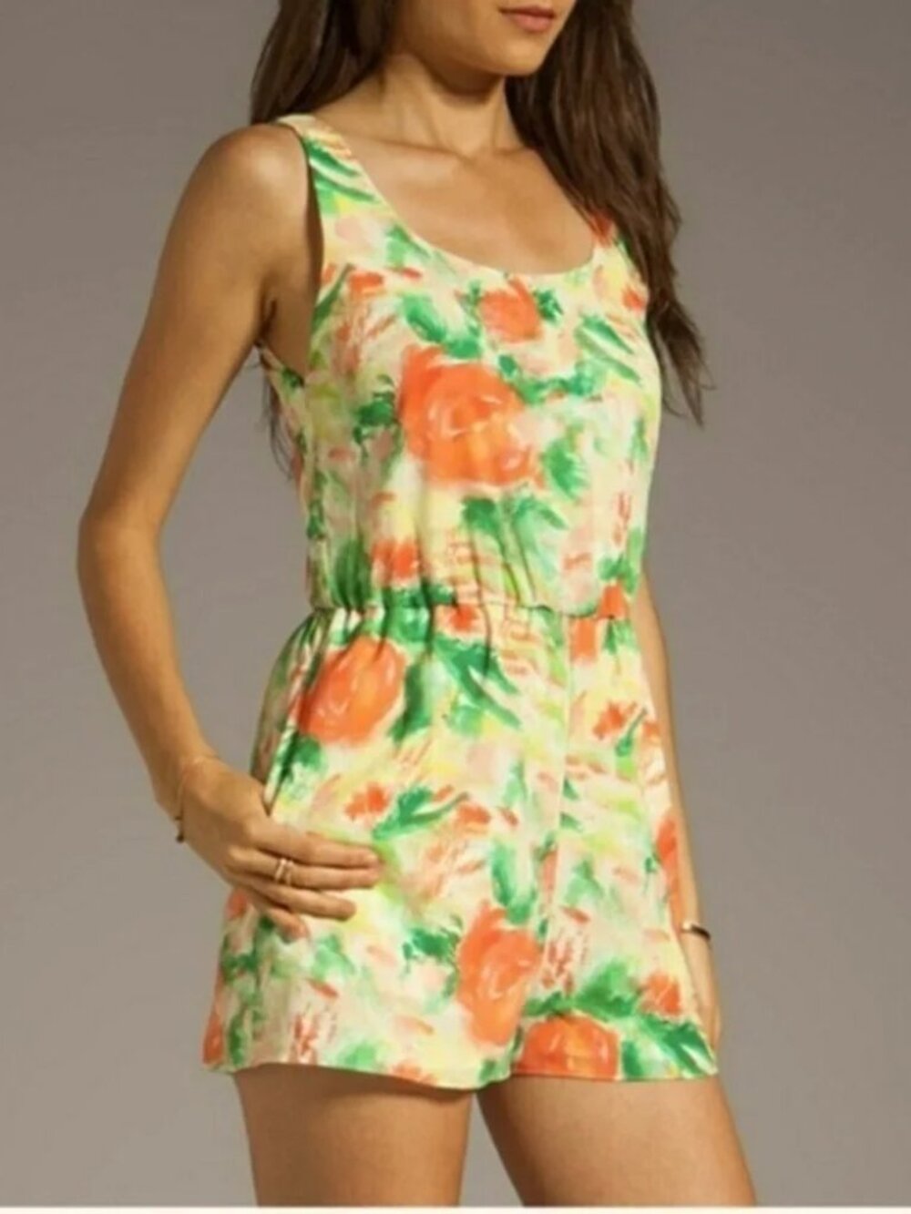 Alice & Olivia Orange Green Floral Watercolor Tank Romper, Size 6